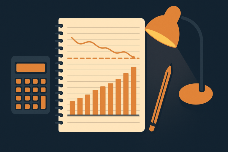 Illustration of a notebook with a session balance line drifting down to a dashed stop-loss line, a bar chart, calculator, pencil and desk lamp