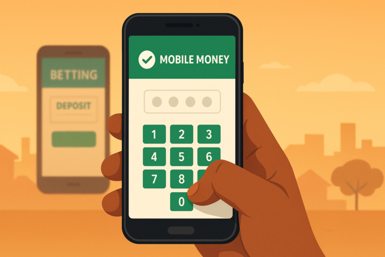Illustration of a phone showing a mobile-money PIN prompt in front of a betting app deposit screen