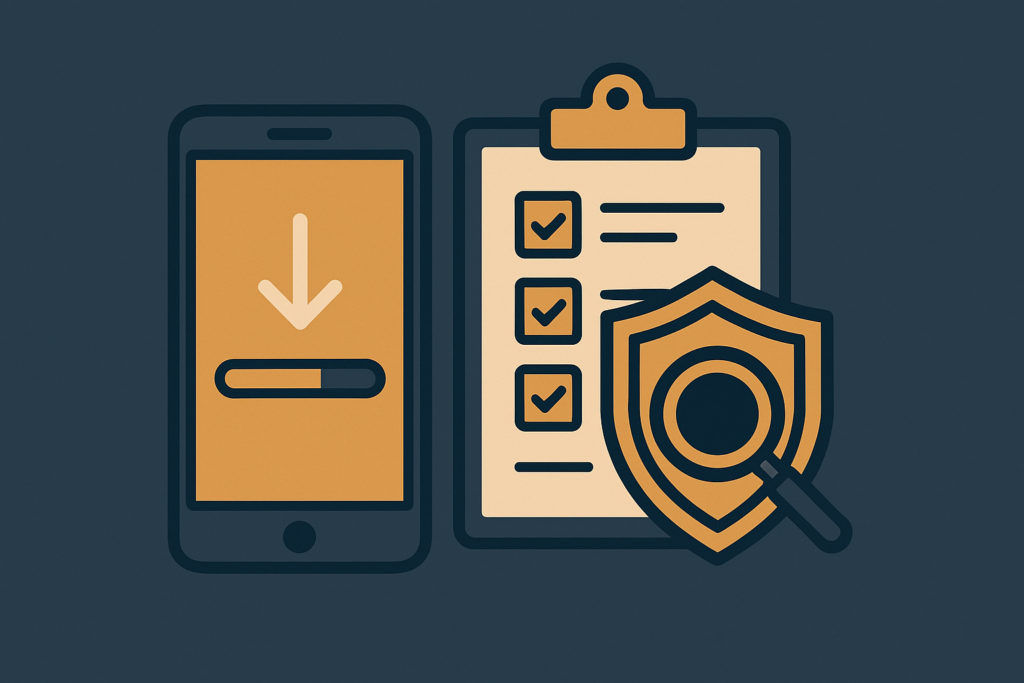 Illustration of a phone with a download arrow and progress bar next to a checklist and a shield with a magnifying glass