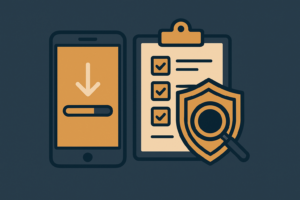 Illustration of a phone with a download arrow and progress bar next to a checklist and a shield with a magnifying glass