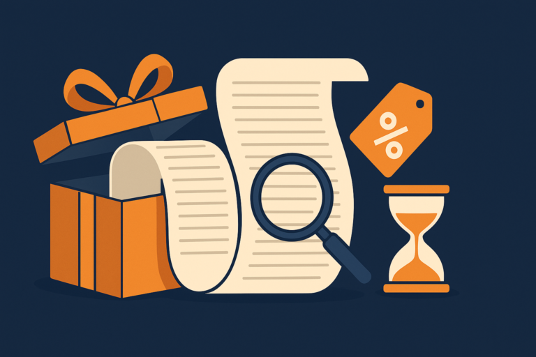 Illustration of an opened gift box revealing a long fine-print scroll under a magnifying glass, with a percentage tag and an hourglass