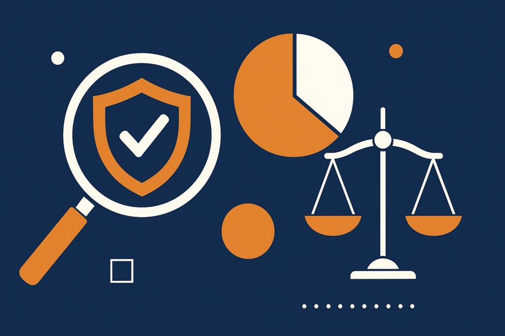 Illustration of a magnifying glass over a shield with a checkmark, a pie chart and a balance scale