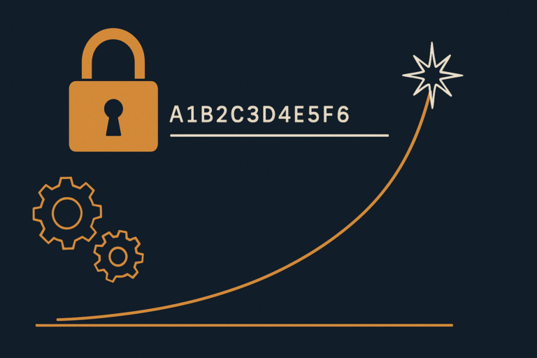 Illustration of a padlock and hash string feeding a rising curve that ends in a crash burst