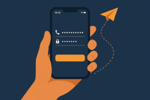 Illustration of a hand holding a phone with a login screen and an amber button, a paper plane climbing a dashed path beside it