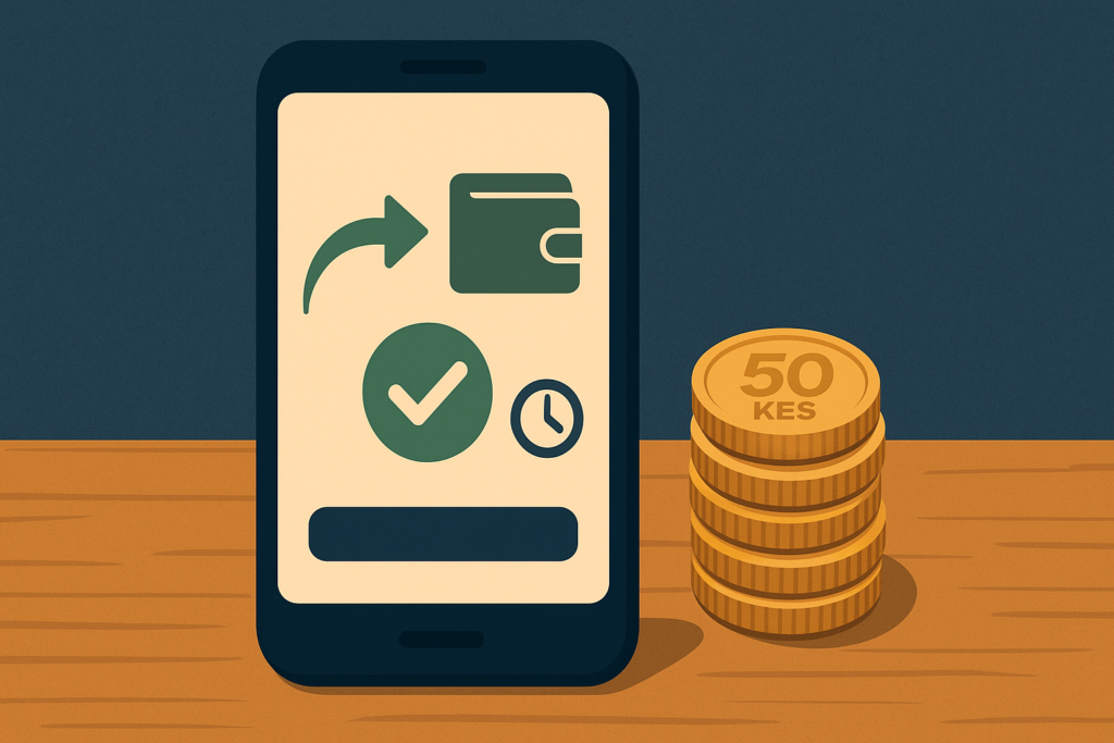 Illustration of a phone sending money to a mobile wallet with a success tick and a clock, beside a stack of shilling coins