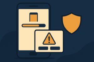 Illustration of a phone with a download progress bar and a warning dialog about installing an APK, next to a shield