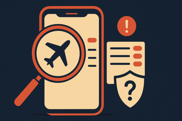 Illustration of a magnifying glass over a phone with a jet app icon, a permissions list, a red alert badge and a shield with a question mark