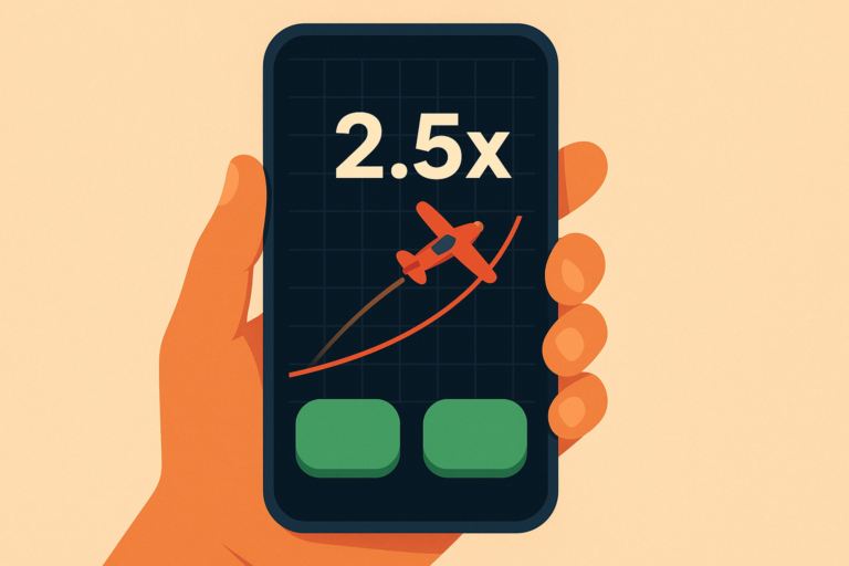 Illustration of a hand holding a phone with a crash-game screen: a small plane climbing on a multiplier curve above two bet buttons