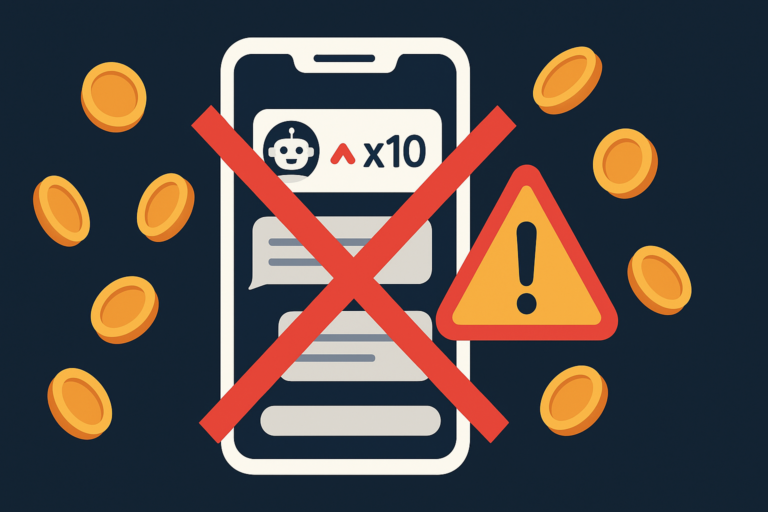 Illustration of a phone chat with a robot signal bot promising a multiplier, crossed out with a red X and a warning sign